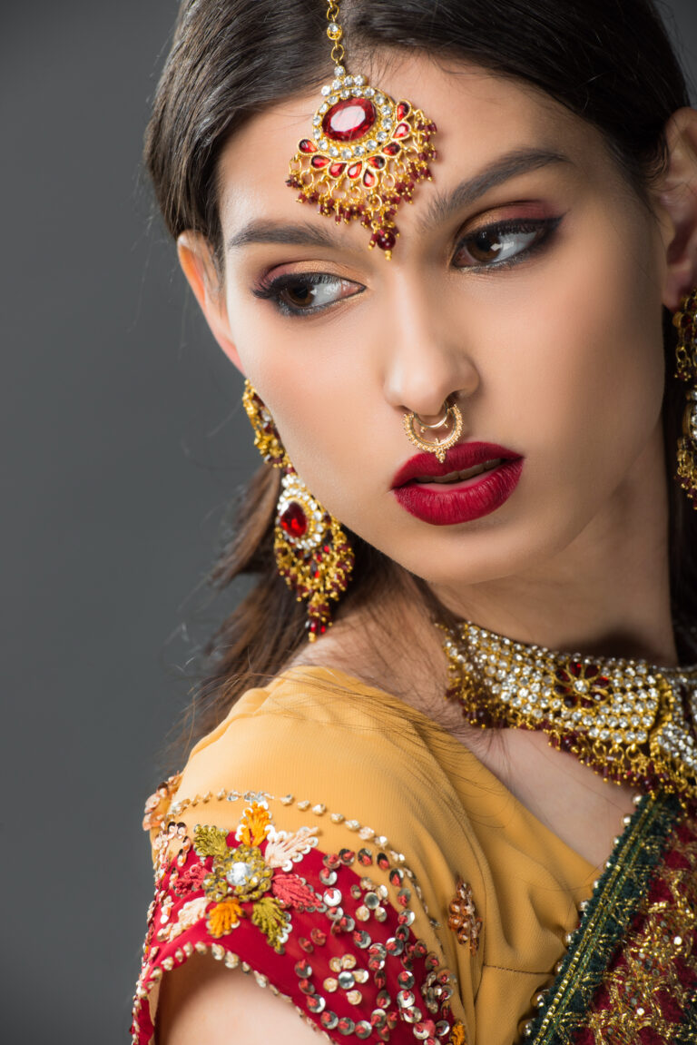 Services beautiful indian woman posing in traditional sari and bindi, isolated on grey